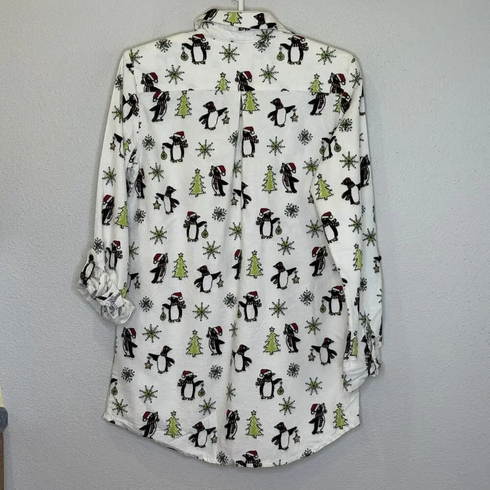 Insomniax Flannel‎ Christmas Print Sleep Shirt Womens Size Small Penguins Trees